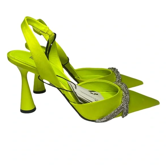 Zara | Shoes | Zara Satin Effect Rhinestone Heel In Lime